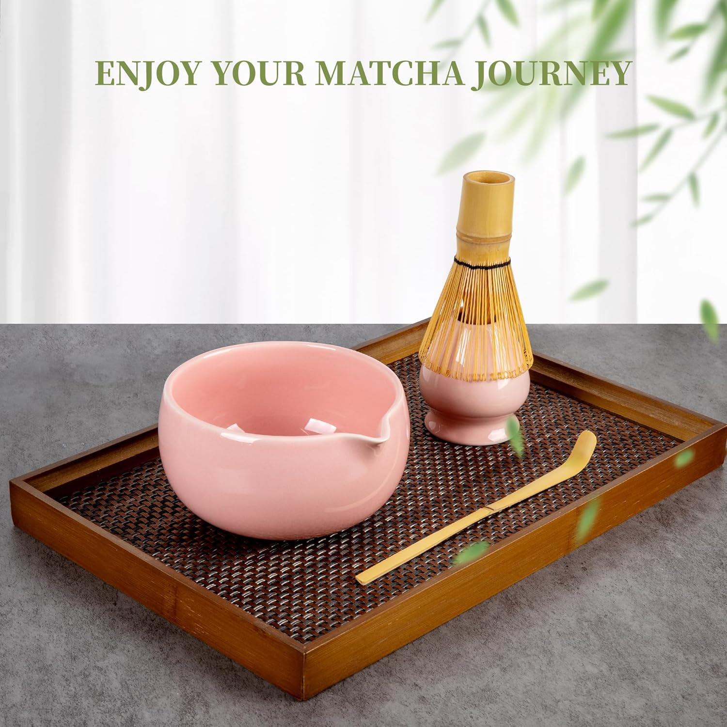 YIBO Matcha Whisk Set Pink, Handcrafted Bamboo Chasen & Ceramic Bowl Matcha Kit, Holder, Stainless Steel Sifter, Scoop Measuring Spoon & Cup Tools for Matcha Tea Ceremony
