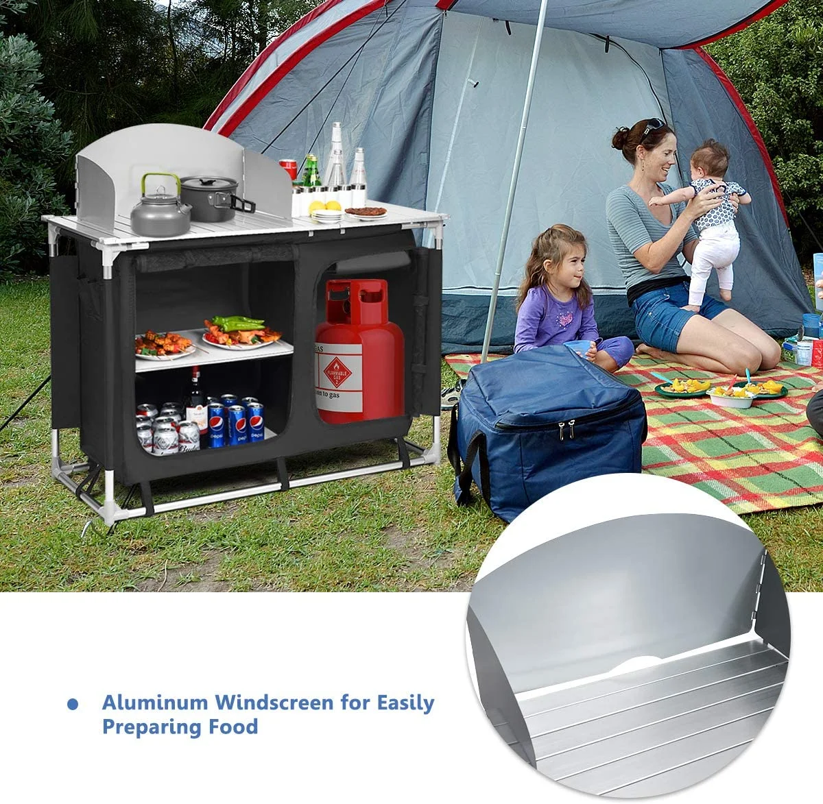 Portable Camping Kitchen Table, Camping Grill Table w/Windscreen & Storage Organizer, Outdoor Kitchen Cook Station with Basin for BBQ, Party, Picnics, Backyards, BBQ Table - Image 8