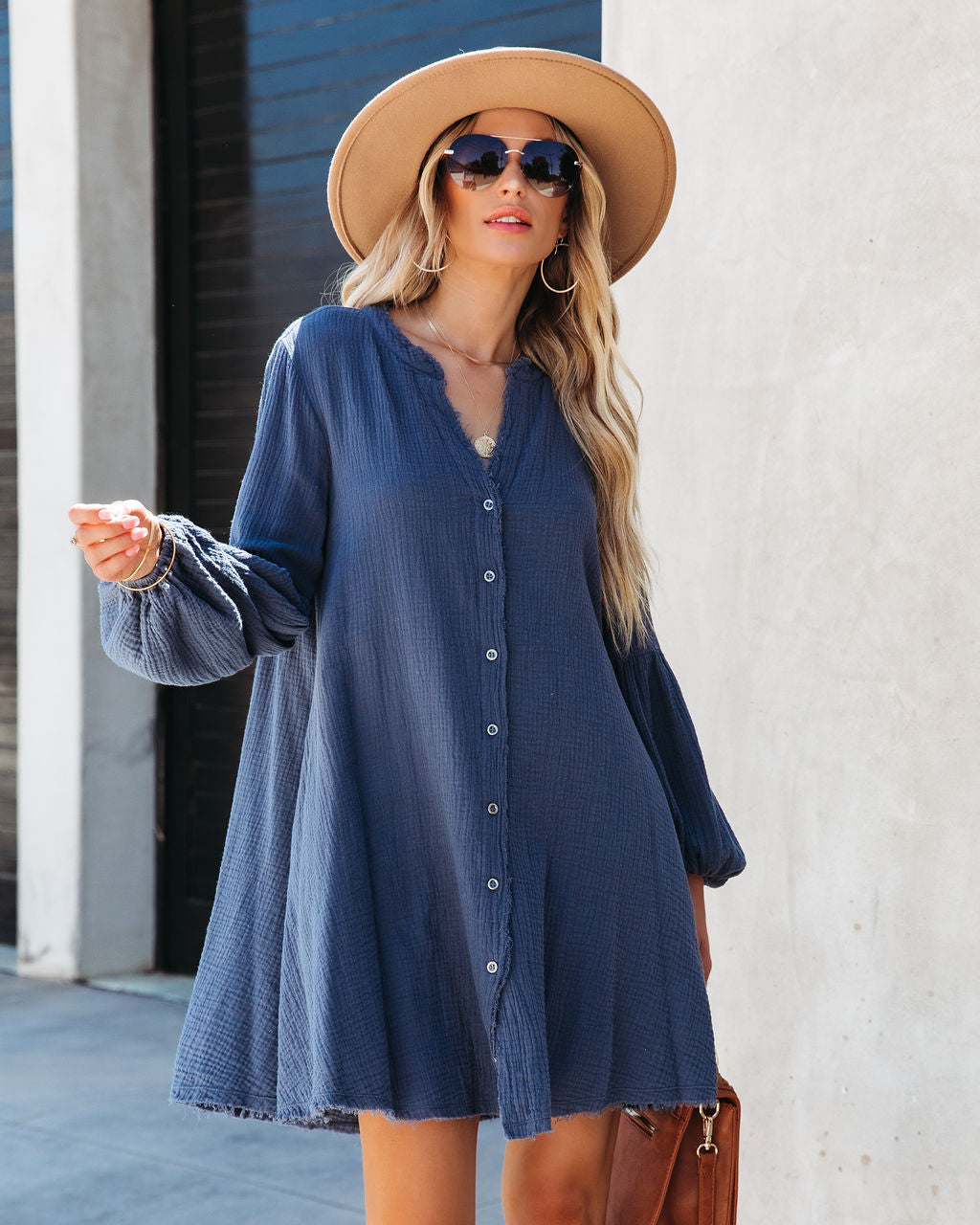 Blakeley Cotton Pocketed Button Down Shirt Dress - Navy - SALE - Se7enfashion
