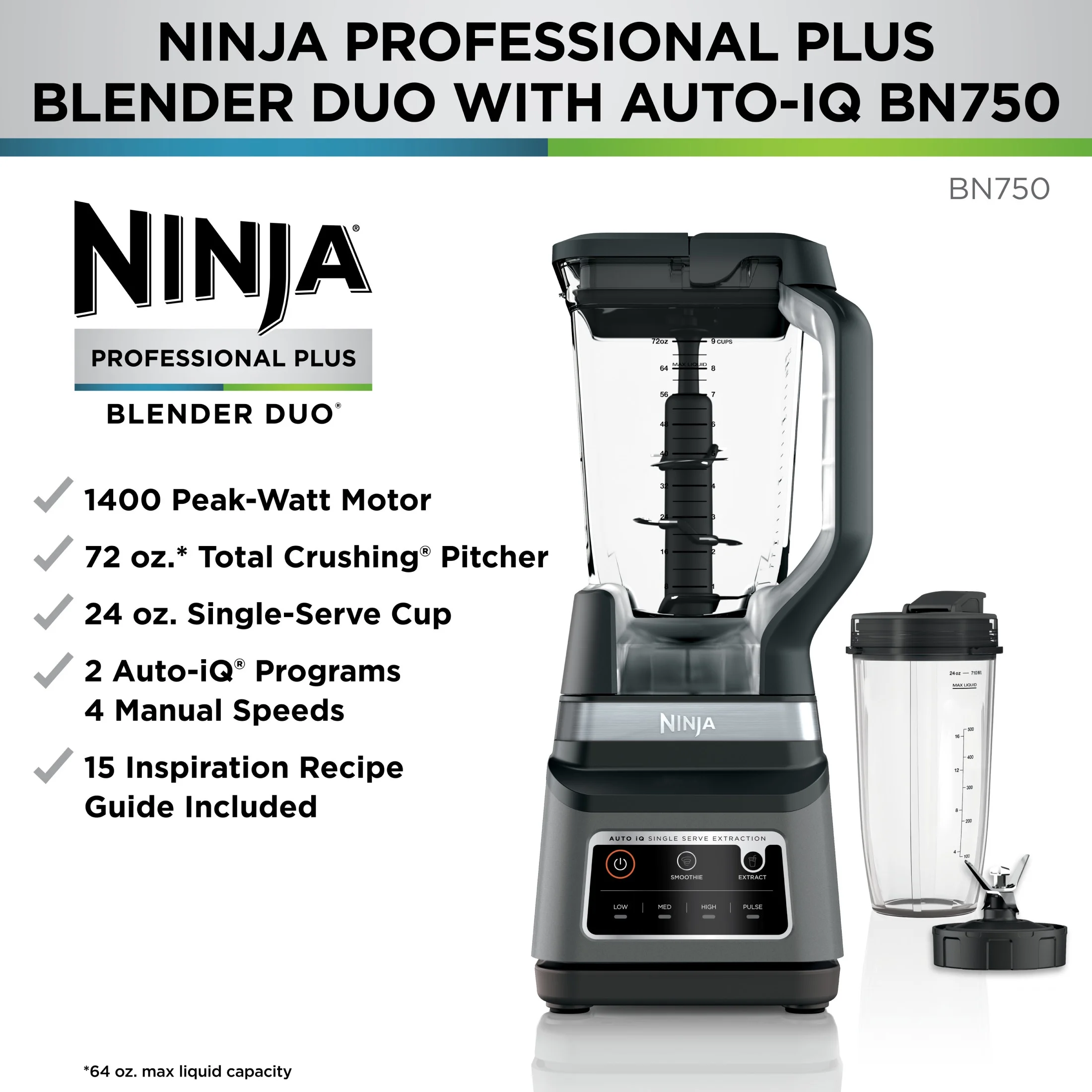 Ninja Professional Plus DUO Blender, 1400 W, 2 Auto-IQ Programs for Smoothies, Nutrient Extraction, 72 oz* Total Crushing Pitcher & (1) 24 oz To-Go Cup, Black, BN750 - Image 6