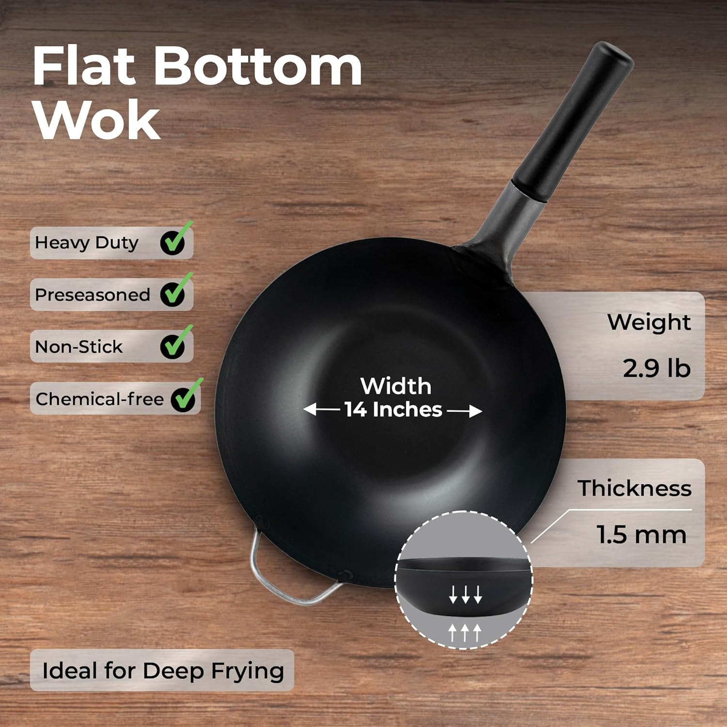 Restaurantware Carbon Steel Wok 1 Pack of 13.3 Inch Heavy-Duty Uniform Heat Distribution Pan Induction Compatible Flat Bottom Wok Welded Handle Black For Gas Stovetops And Grills