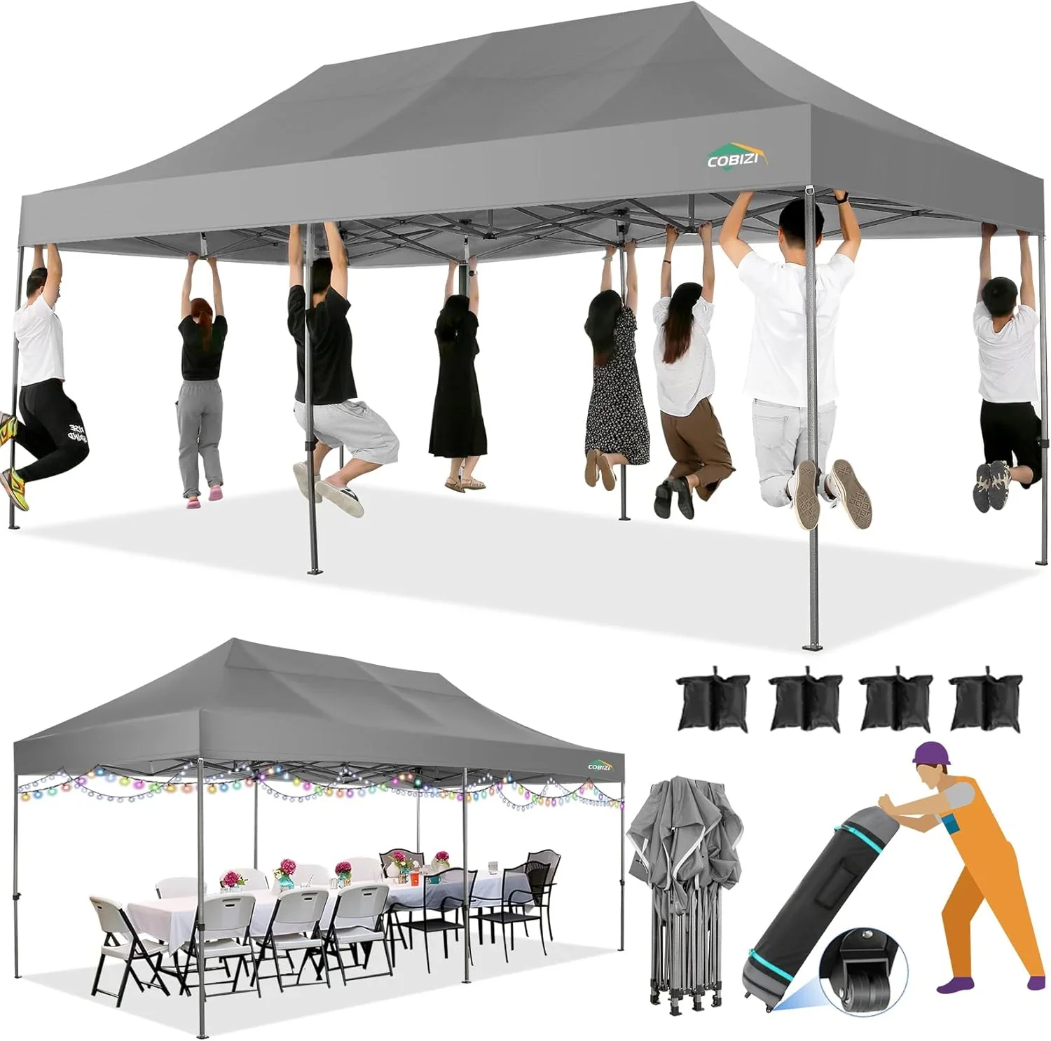 COBIZI 10x20 Heavy Duty Pop up Canopy Tent with 6 sidewalls Easy Up Commercial Outdoor Canopy Wedding Party Tents for Parties All Season Wind & Waterproof Gazebo with Roller Bag,Black(Frame Thickened)