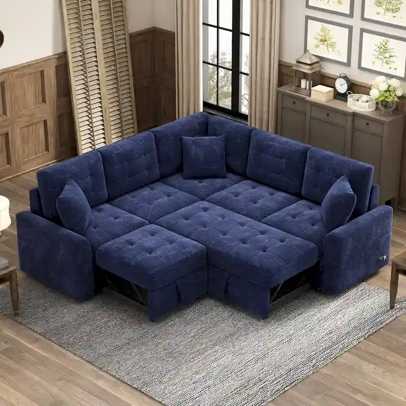 82.6-Inch L-Shaped Sleeper Sofa with Pull-Out Feature, Wheels, USB Ports, and Power Sockets - Dimensions: 82.6W x 82.6D x 33H