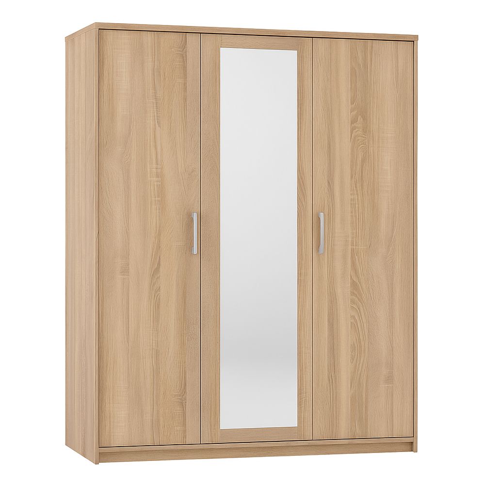 Armario ropero de madera con espejo, diseño moderno, 3 puertas, color natural, ideal para dormitorio
