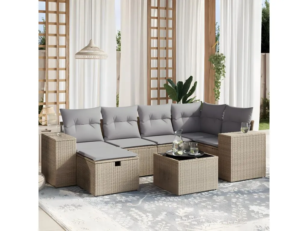 Juego de sofás jardín con cojines beige mezcla 7 pzas ratán PE