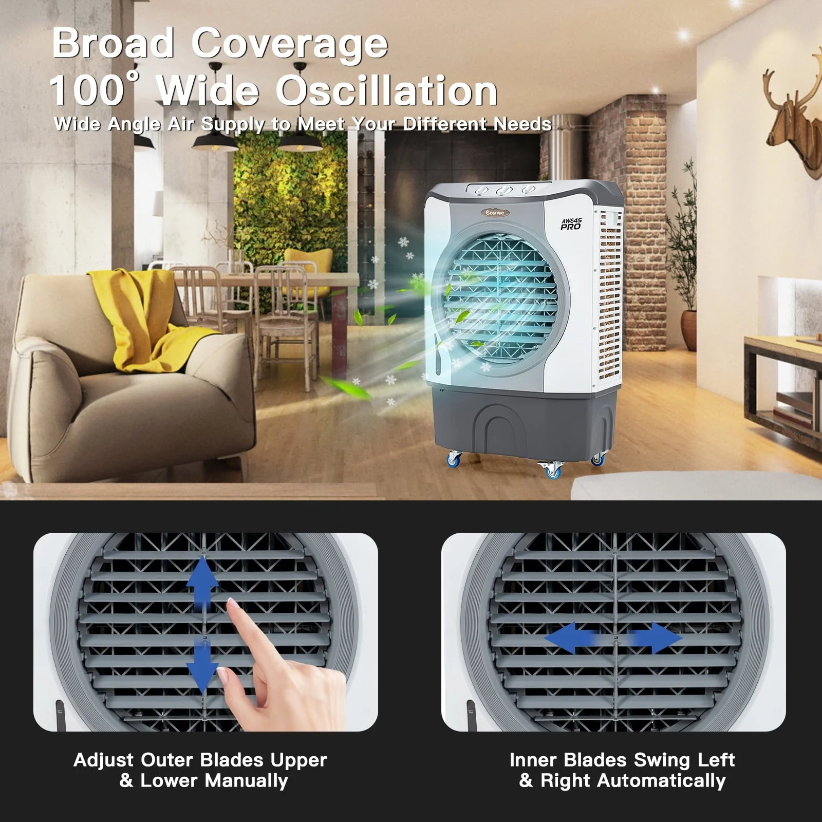 45L Evaporative Air Cooler 3-in-1 Swamp Cooler w/Large Water Tank & Washable Filter - Image 8