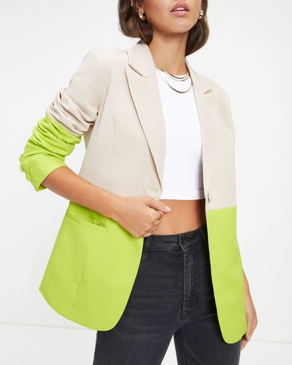 She Sets Trends Pocketed Colorblock Blazer - Lime - Se7enfashion