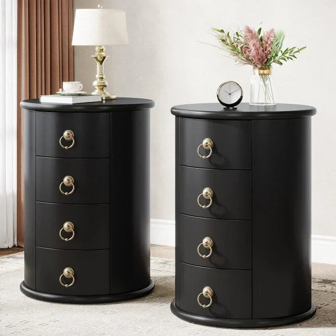 No Assembly Solid Wood End Table, Vintage Round Side Drawers Table