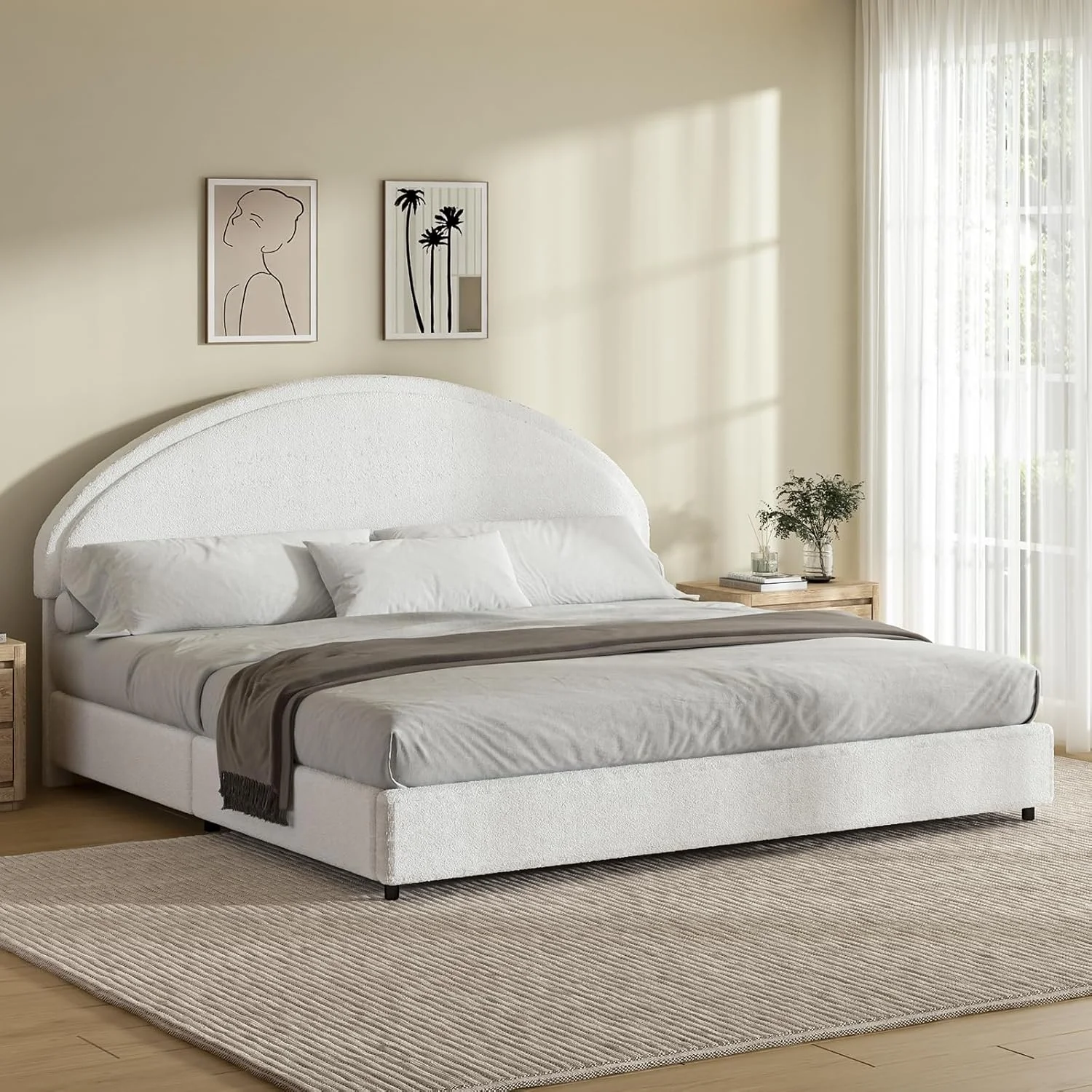 4 EVER WINNER Queen Size Bed Frame, Boucle Upholstered Bed Frame with Headboard, White Queen Bed Frame, White