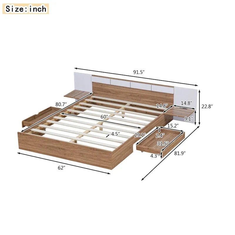 Natural Queen Size Platform Bed with Headboard, Storage Drawers, Shelves, USB Ports, and Outlets