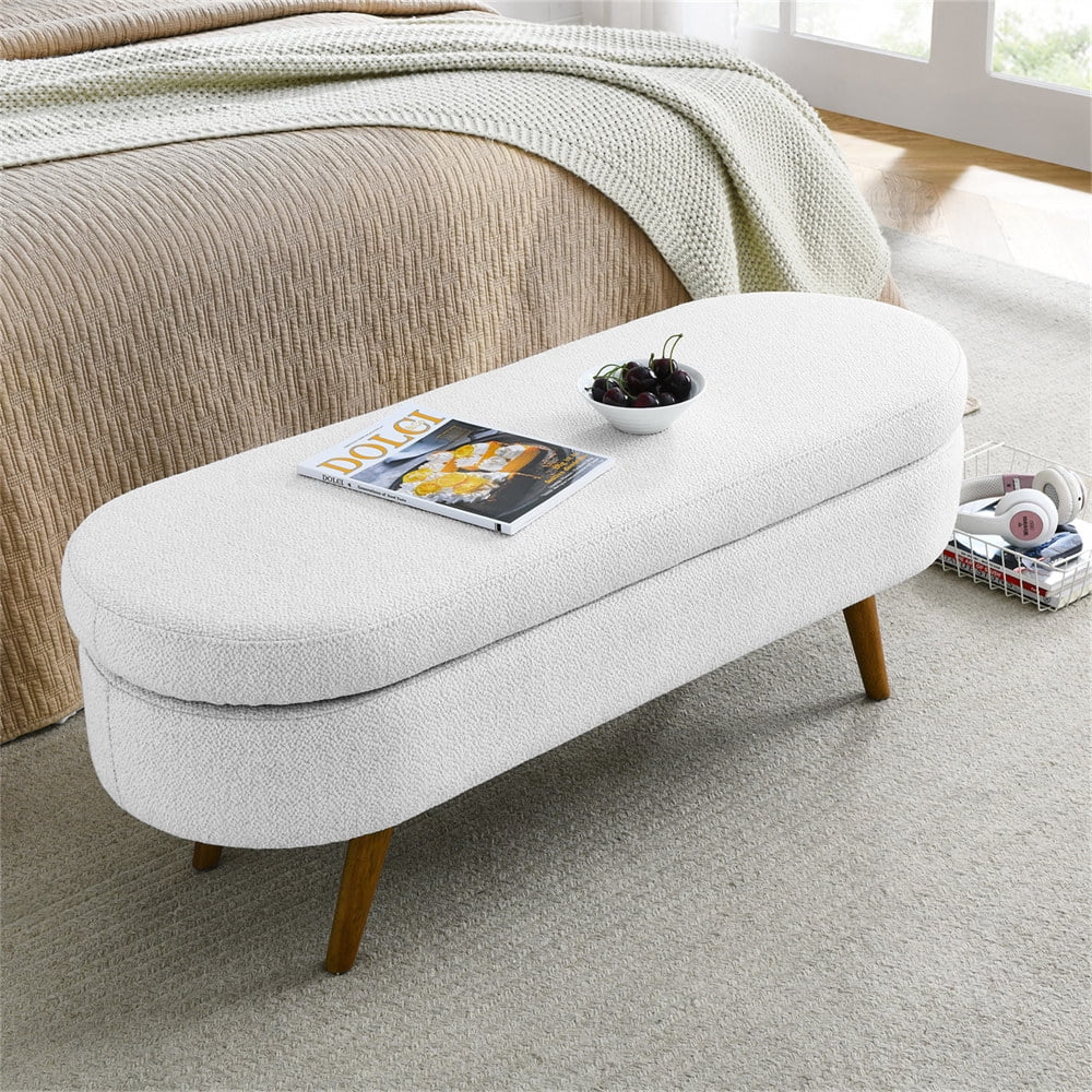 43.5" Oval Storage Ottoman Bench with Solid Wood Legs, Linen Fabric Upholstered Entryway Bench with Safety Hinge, Indoor Bench for End of Bed, Sofa Side, Entryway - Image 11