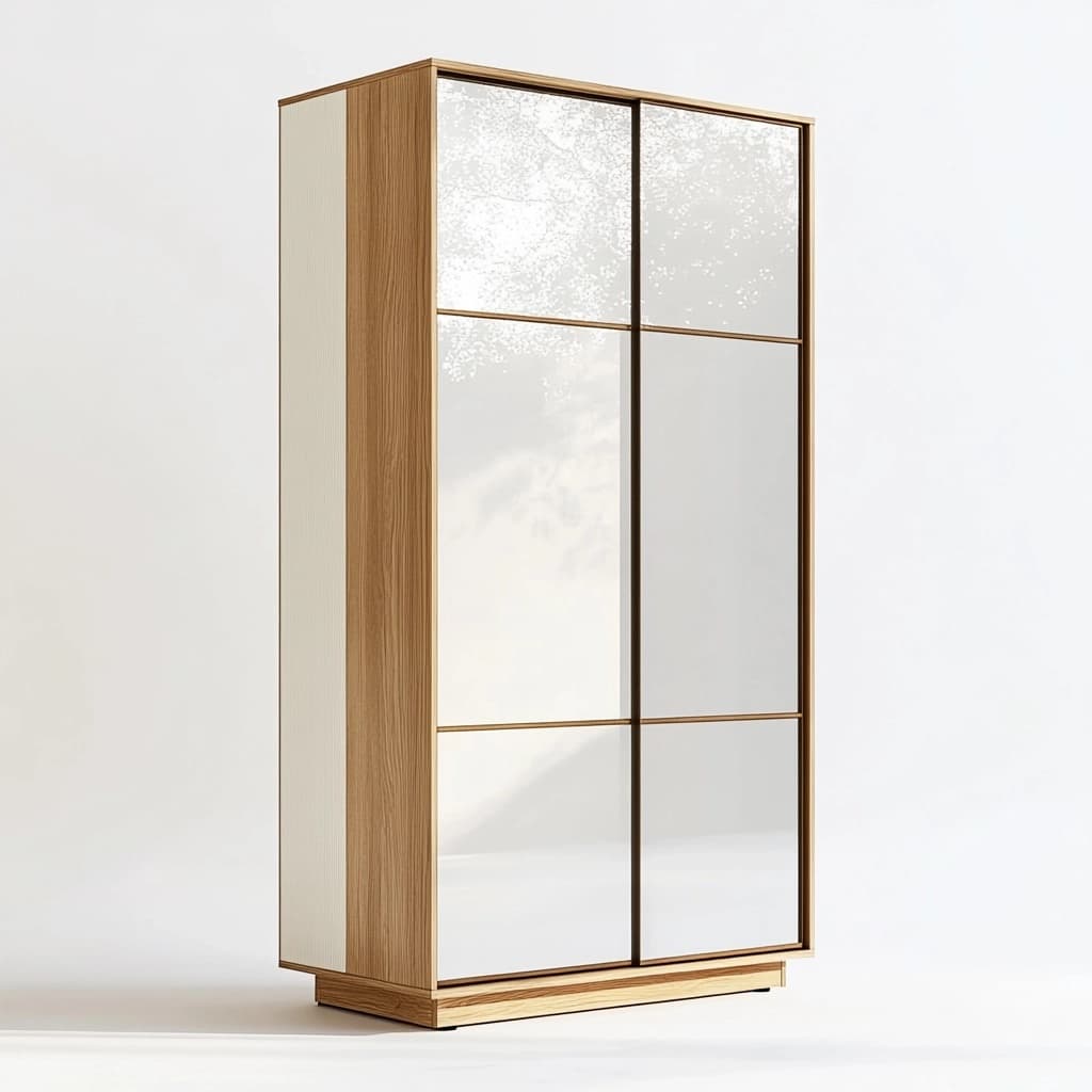 Armario de dormitorio moderno de madera y puertas correderas con espejo diseño minimalista para ropa color roble claro y blanco 200x120x60cm