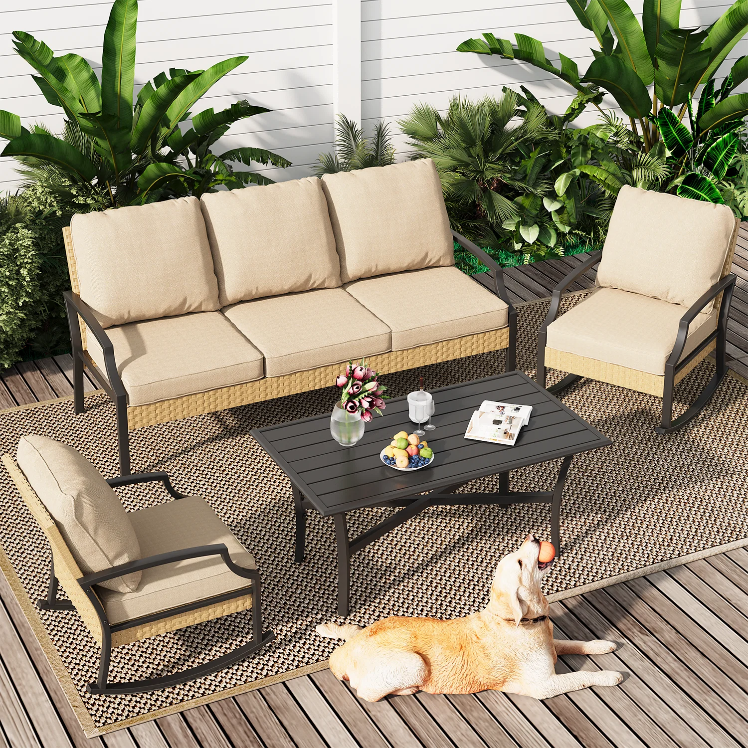 AECOJOY Patio Furniture Sets On Sale,Metal Outdoor Furniture Sets Clearance,Wicker Rattan Patio Conversation Sets For Porch, Garden and Backyard,Beige - Image 8