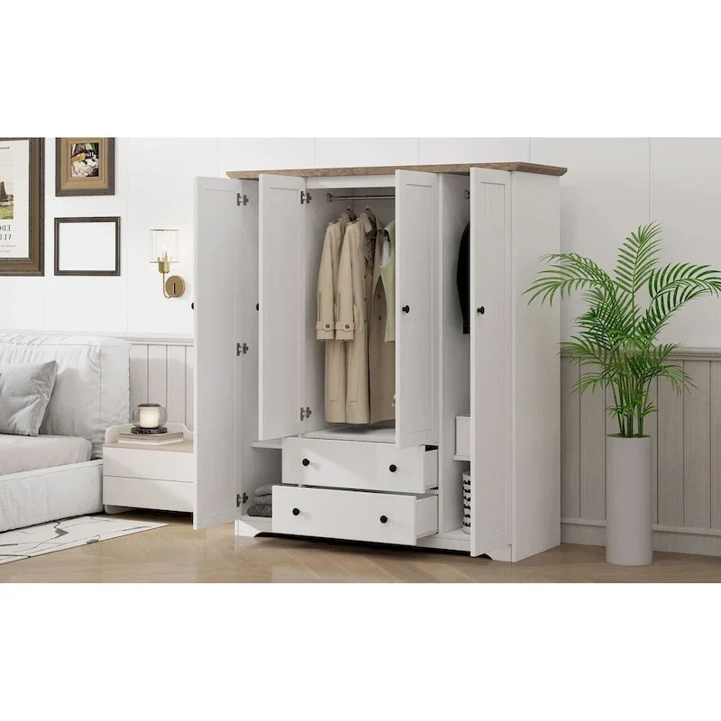 Freestanding 4-Door Wardrobe Armoire with 2 Drawers and Hanging Rods for Clothes Storage