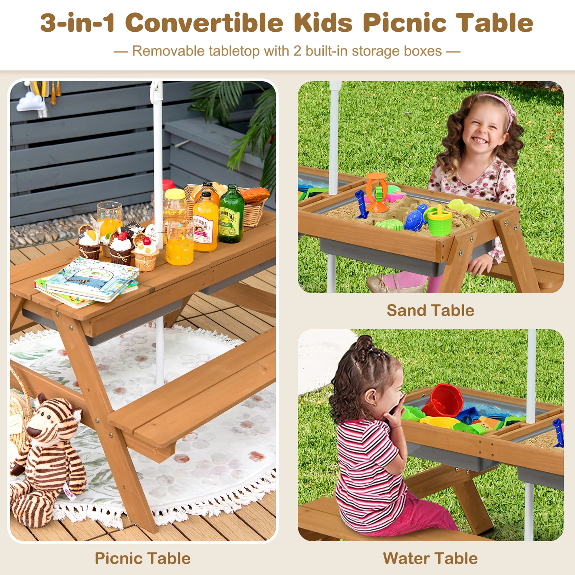 Costway 3-in-1 Kids Picnic Table Wooden Outdoor Sand & Water Table with Umbrella Play Boxes Green - Image 7