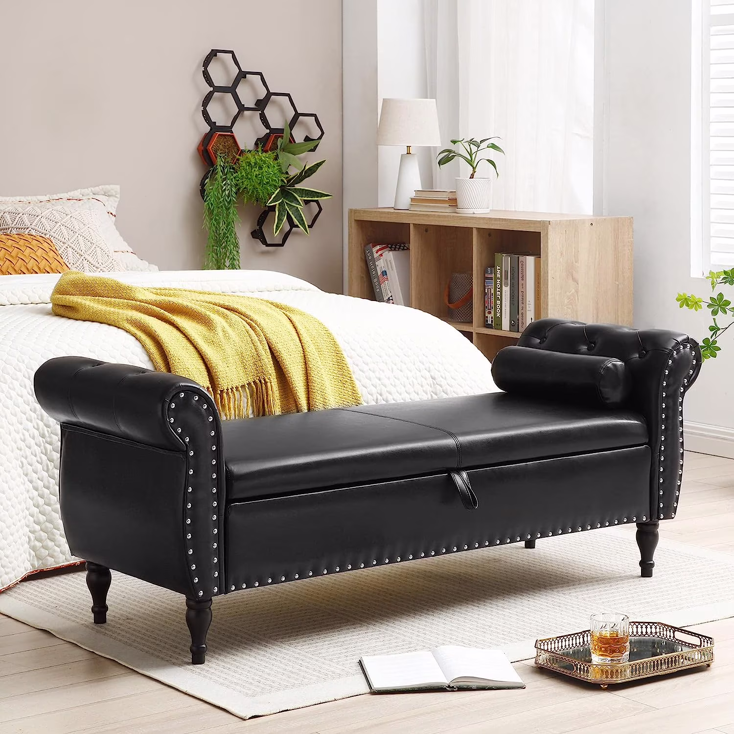 Sumdeal 43.5" Storage Ottoman Bench with 250lb Seating, Linen Upholstered Wood Legs Safety Hinge Flip Top Oval Foot Rest Long Stool for Sofa Couch Bedroom End of Bed Living Room Entryway, White - Image 22