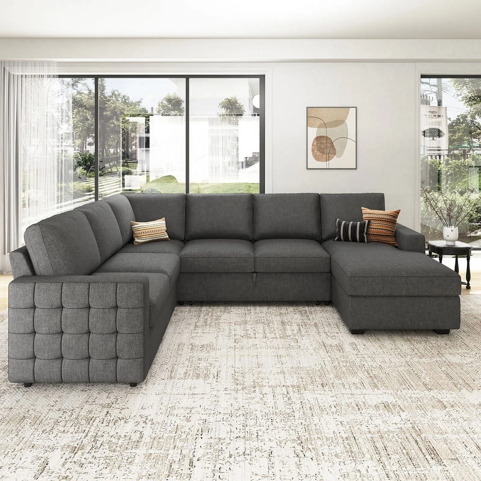 HONBAY Modular Sectional Pull-Out Sofa Bed with Storage Velvet U-Shaped Convertible Sleeper Sofa for Living Room, Blue - Image 57