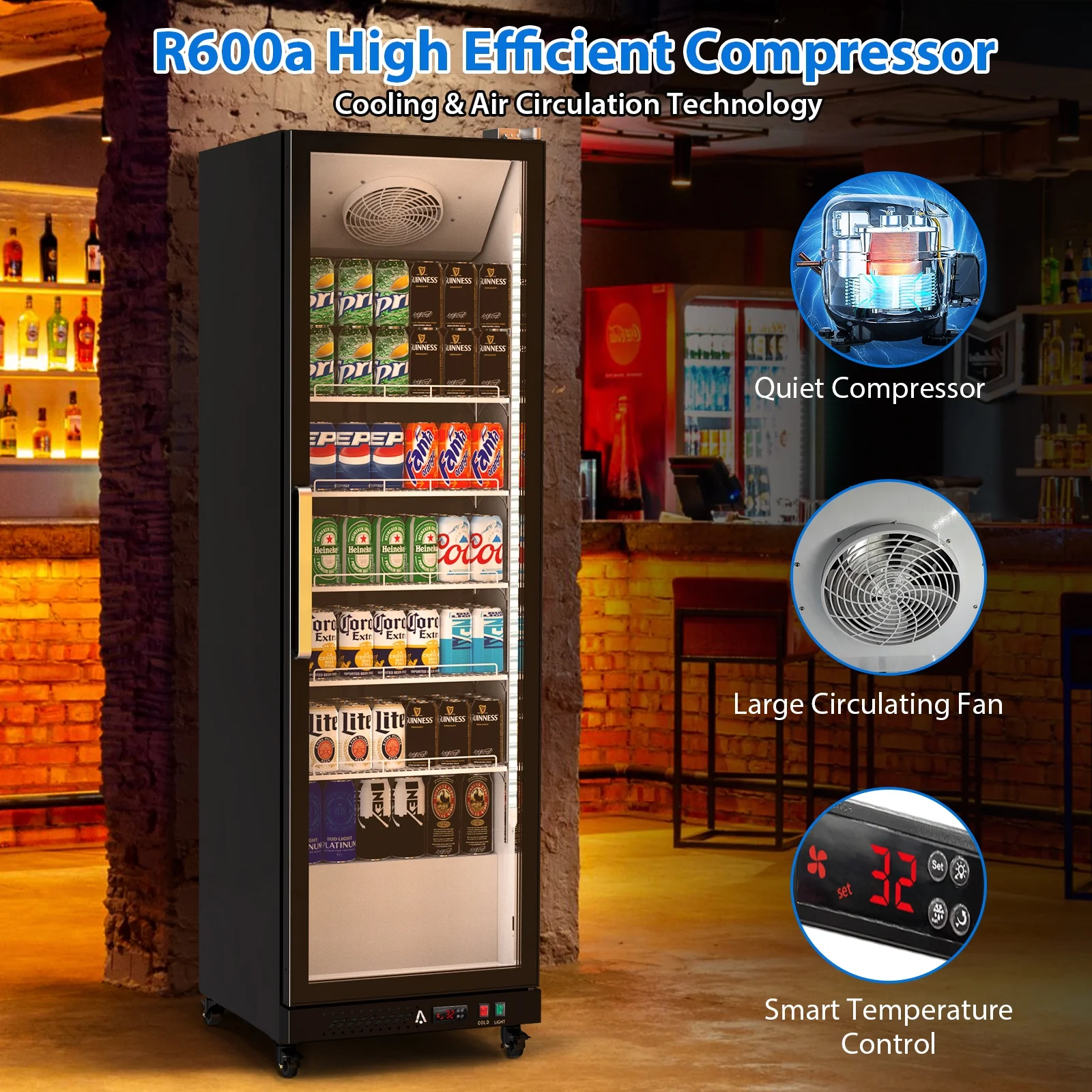 Garvee Commercial Refrigerator,12.4 Cu.ft Display Fridge Merchandiser Upright Beverage Cooler,Single Glass Door Fridge with Adjustable Shelves & LED Lighting,Black - Image 6