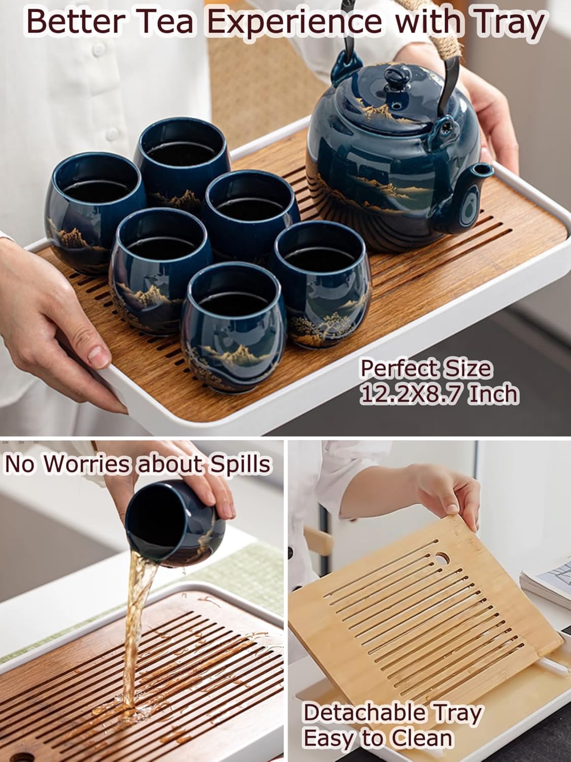 Japanese Tea Set of 6, 40oz Blue Porcelain Teapot and 6 Cups, Gold Hand-Painted Teaware with Stainless Steel Infuser and Tray, Traditional Style Gift for Tea Lovers, Mother's Day, Birthday