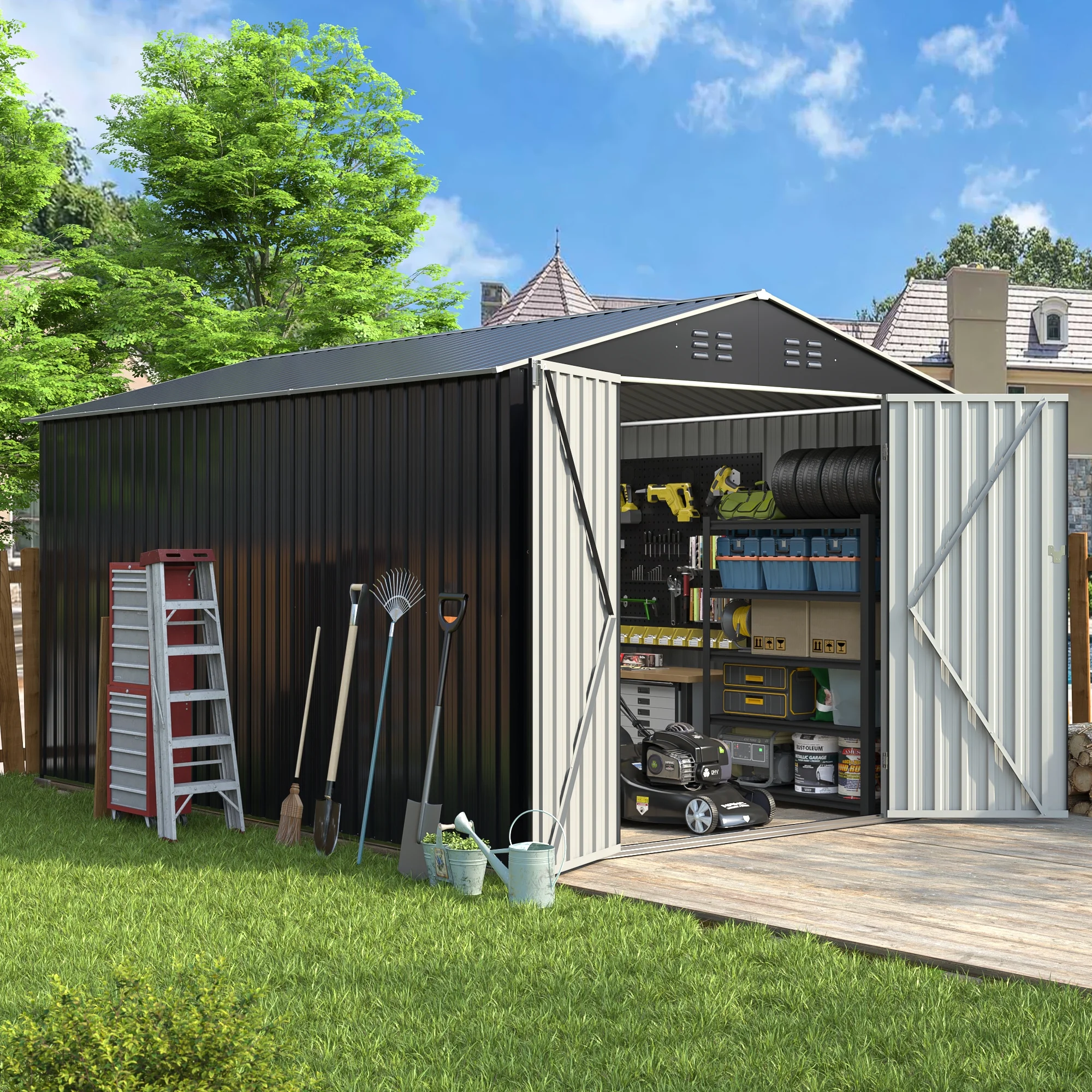 NETAJE 8x12 FT Outdoor Metal Shed with Updated Aluminum Frame, Storage Shed with Lockable Doors & Sliding Roof for Backyard, Garden, Gray - Image 6
