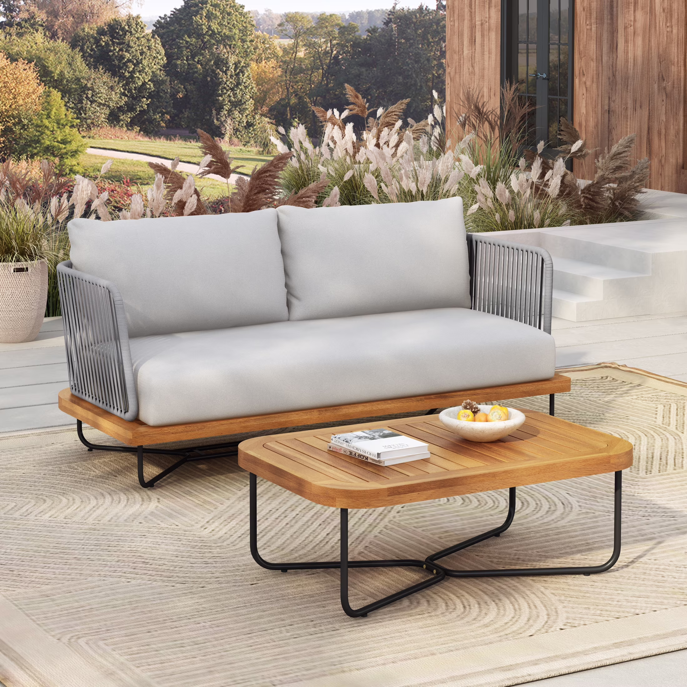 Christopher Knight Home 2-Piece Patio Furniture Outdoor Loveseat Set, Rope Woven Loveseat with Coffee Table, Beige Cushion - Image 3