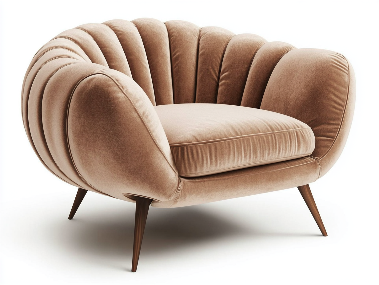 Sillón de terciopelo beige con estructura de madera, diseño cómodo y elegante.