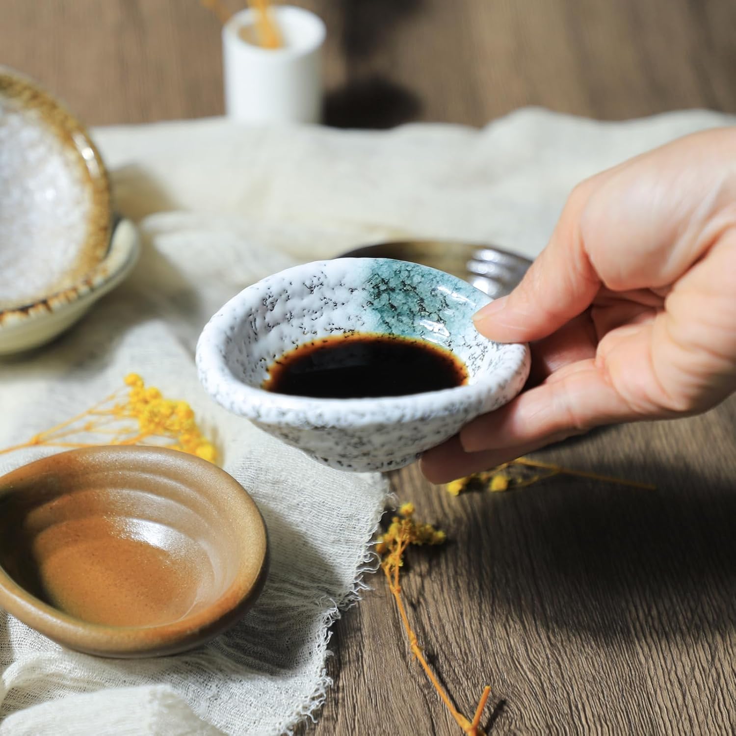 Set of 5 Japanese Vintage Style Ceramic Side Bowls Retro Seasoning Dishes Soy Dipping Dishes - 3.5 Inch