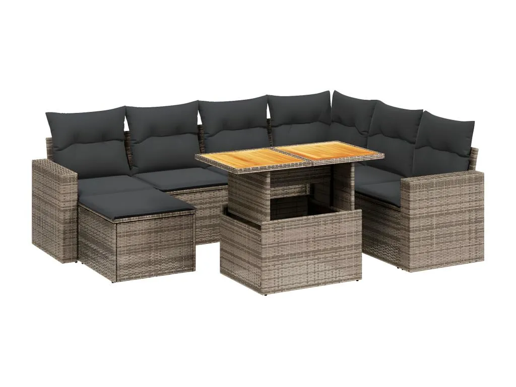Set de sofás de jardín 8 piezas y cojines ratán sintético gris