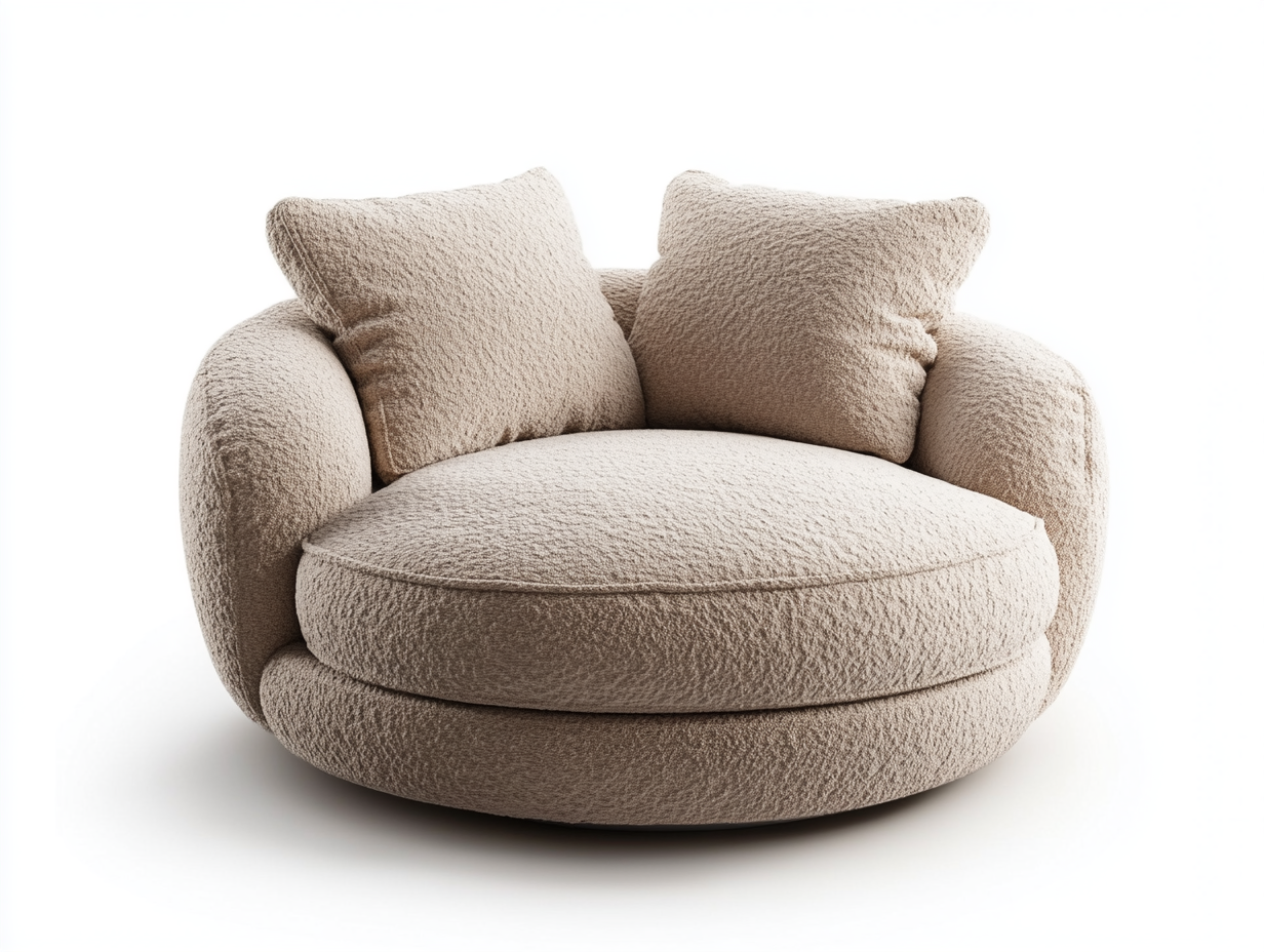 Sillón giratorio redondo 120×100 cm – beige – tapizado en bouclé con cojines incluidos