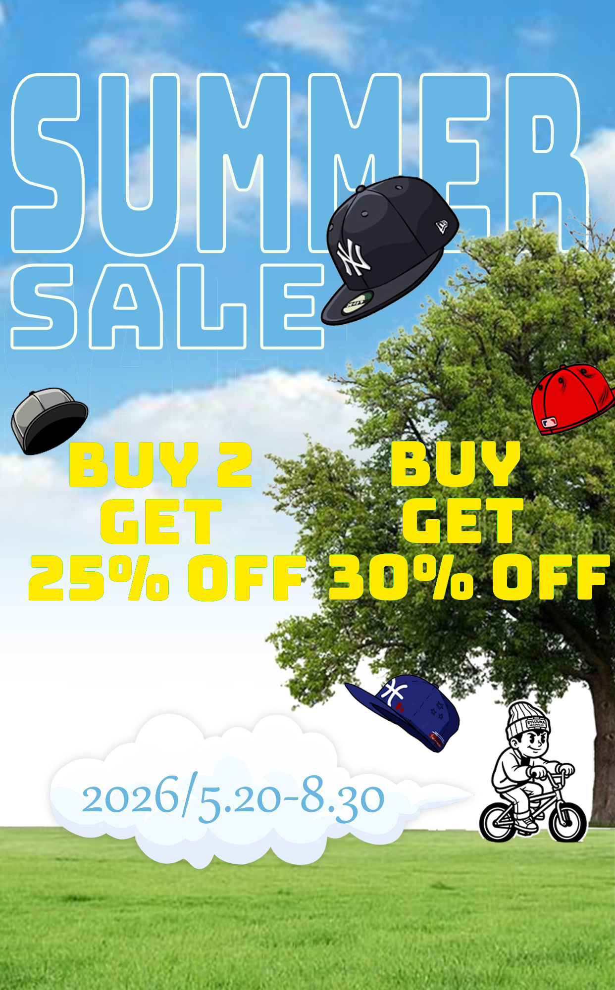 Promotional poster for a Summer Sale on hats. Text: SUMMER SALE. BUY 2 GET 25% OFF, BUY 3 GET 30% OFF. Valid 2026/5.20-8.30.