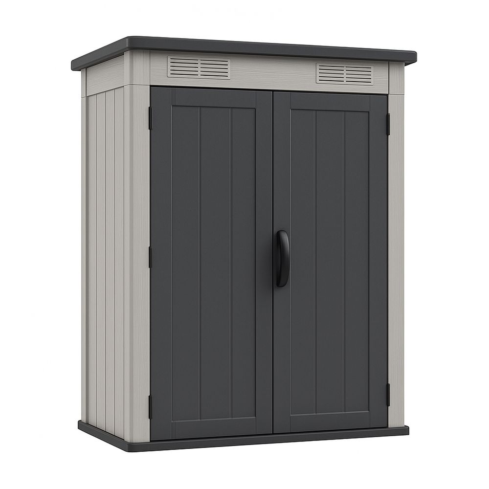 Armario de almacenamiento exterior de plástico,2 puertas,gris,resistente a la intemperie,sistema de ventilación,ideal para jardín y patio