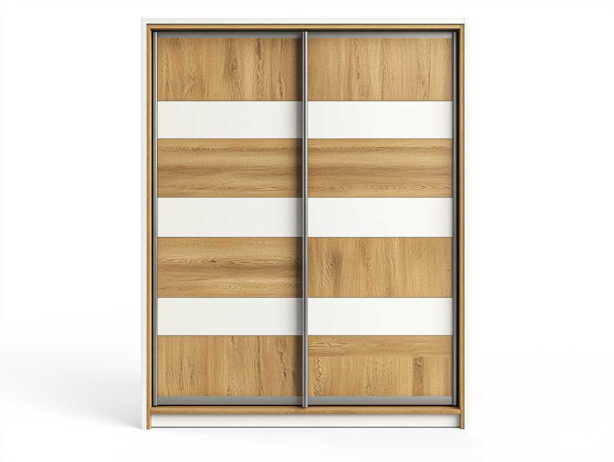 Armario ropero de 2 puertas correderas con paneles alternos en roble natural y blanco, estilo moderno para dormitorio contemporáneo