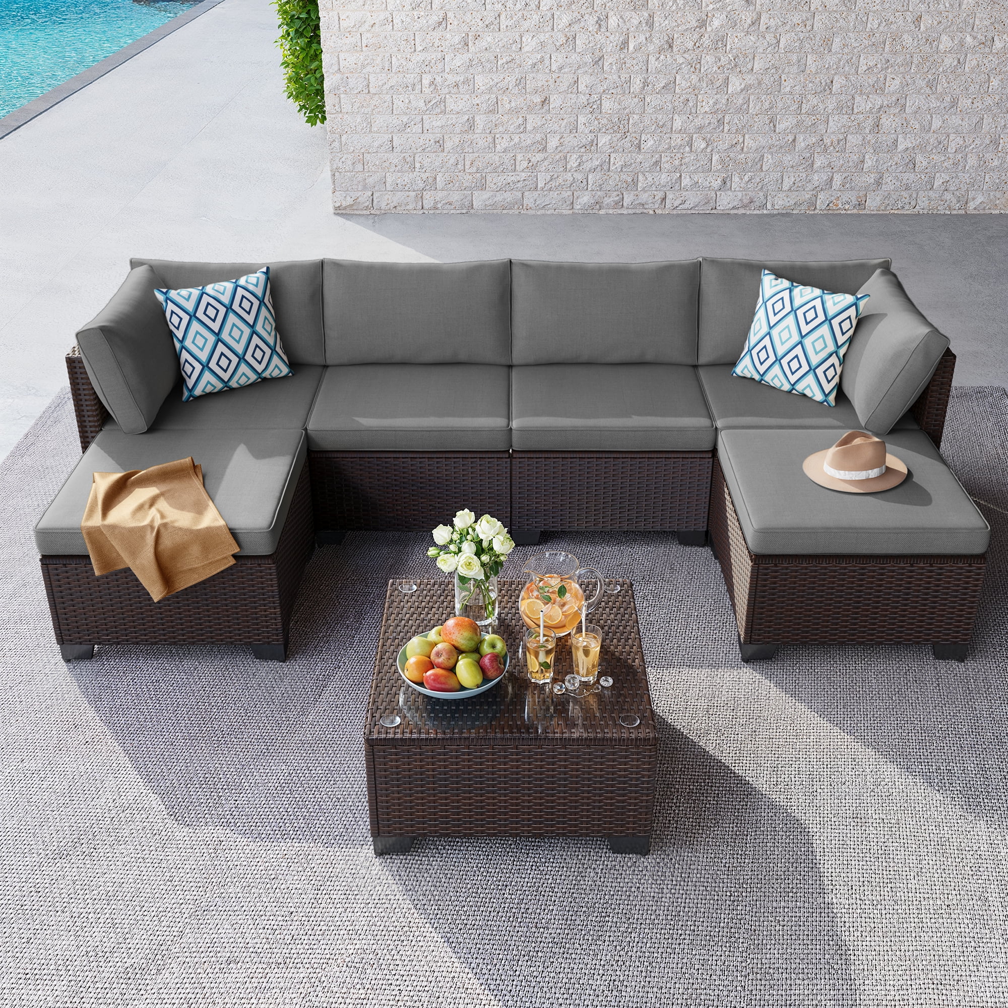 Aiho 7-Piece Rattan Patio Furniture Set , Outdoor Sectional Furniture Set for Patio, Garden, Backyard, Grey - Image 7