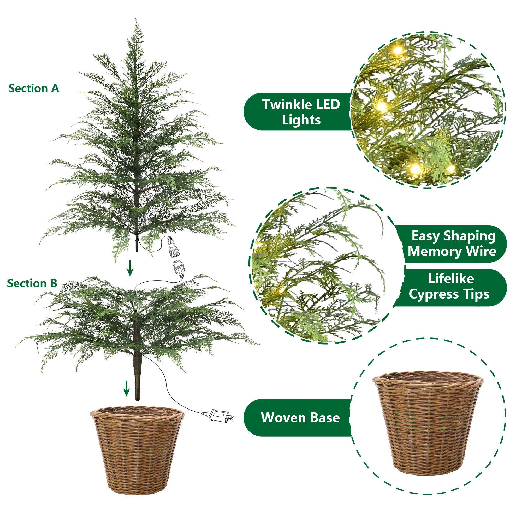 4' Pre-Lit Green Cypress Artificial Christmas Potted Tree with 100 Warm White Twinkle LED Lights, by My Texas House