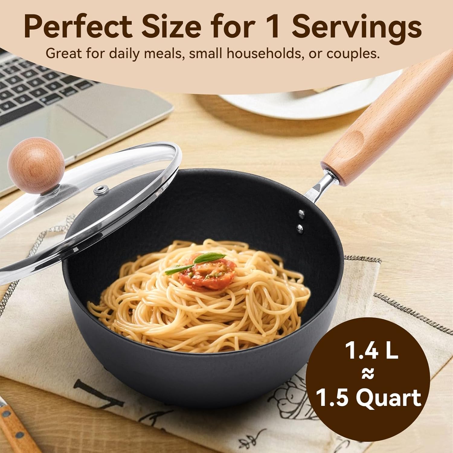 WANGYUANJI 1.5QT Iron Saucepan with Lid, Hammered Milk Pot for Boiling Ramen, Removable Wood Handle for Camping & Storage, Non-Coated Small Cookware for Single Serving, Induction Compatible