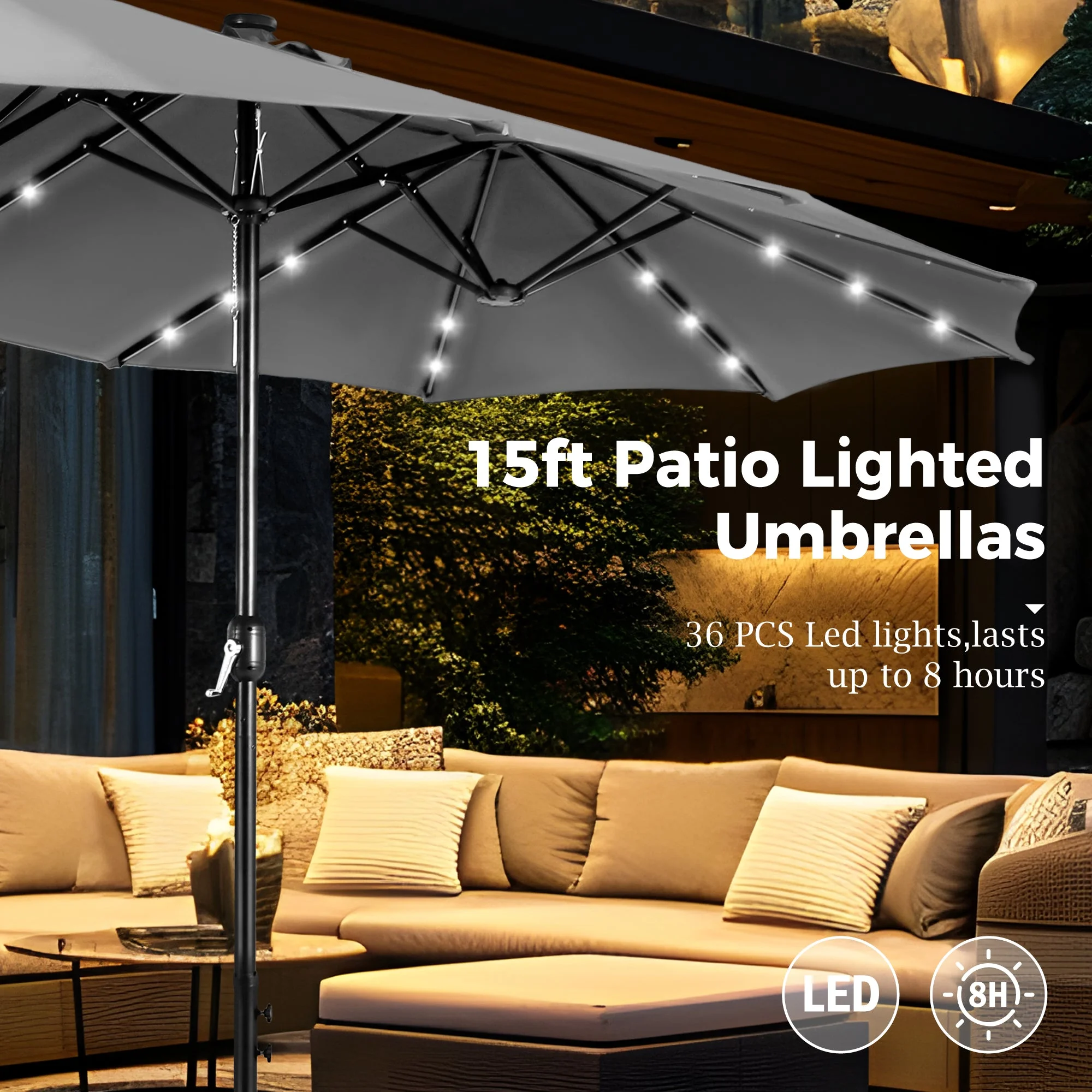 Alpha Joy 15ft Extra Large Outdoor Patio Double-Sided Umbrella with LED Solar Lights & Umbrella Base, Beige - Image 40