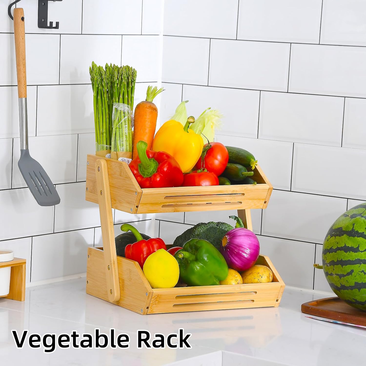 VIKEYHOME Fruit Basket, 2 Tier Bamboo Fruit Basket for Kitchen, 11