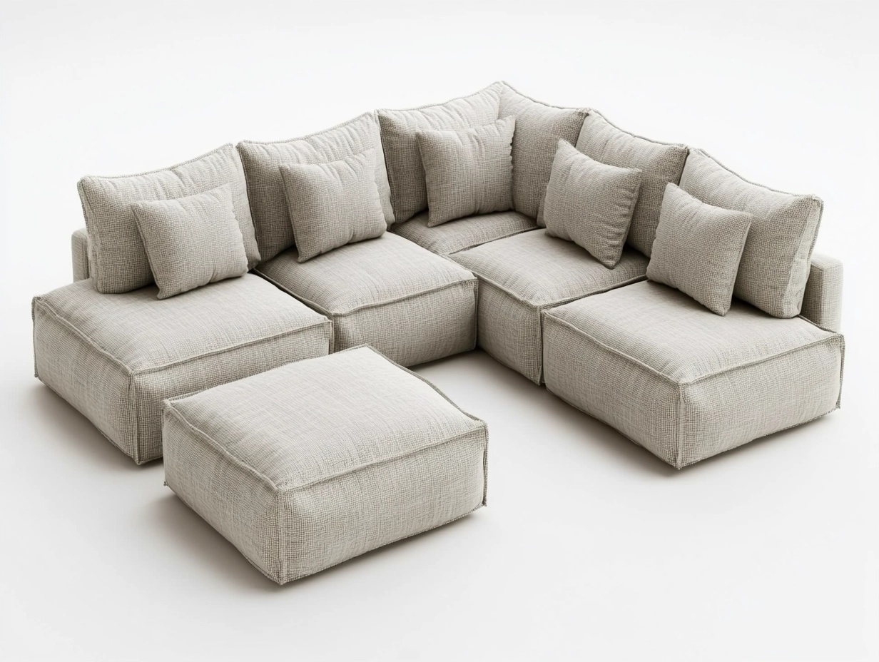 Sofá Seccional Modular en Tela Beige con Cojines Extraíbles 5 Piezas