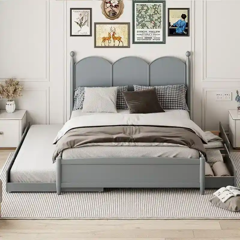 Queen Size Platform Bed with Vintage Headboard - Multifunctional Storage Frame Featuring Twin XL Trundle & 2 Drawers