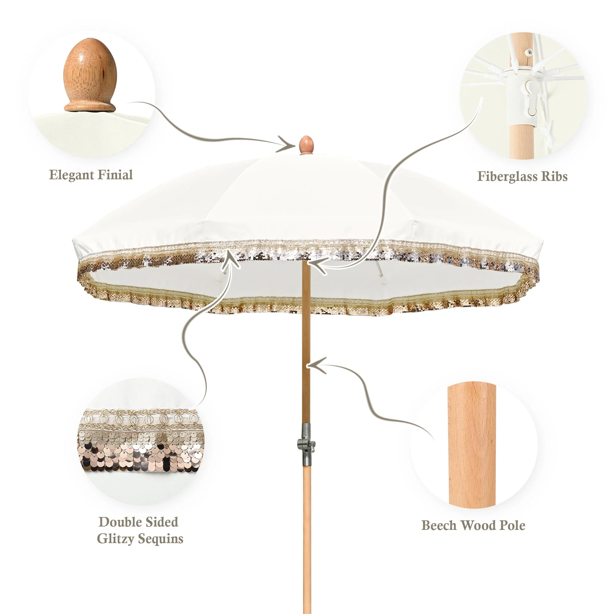 LAGarden 6 Ft Fringe Patio Umbrella with Tassel Jazz Age Wood UPF50+ for Outdoor, Beige with gold tassel,Model: JZ6-01 - Image 30