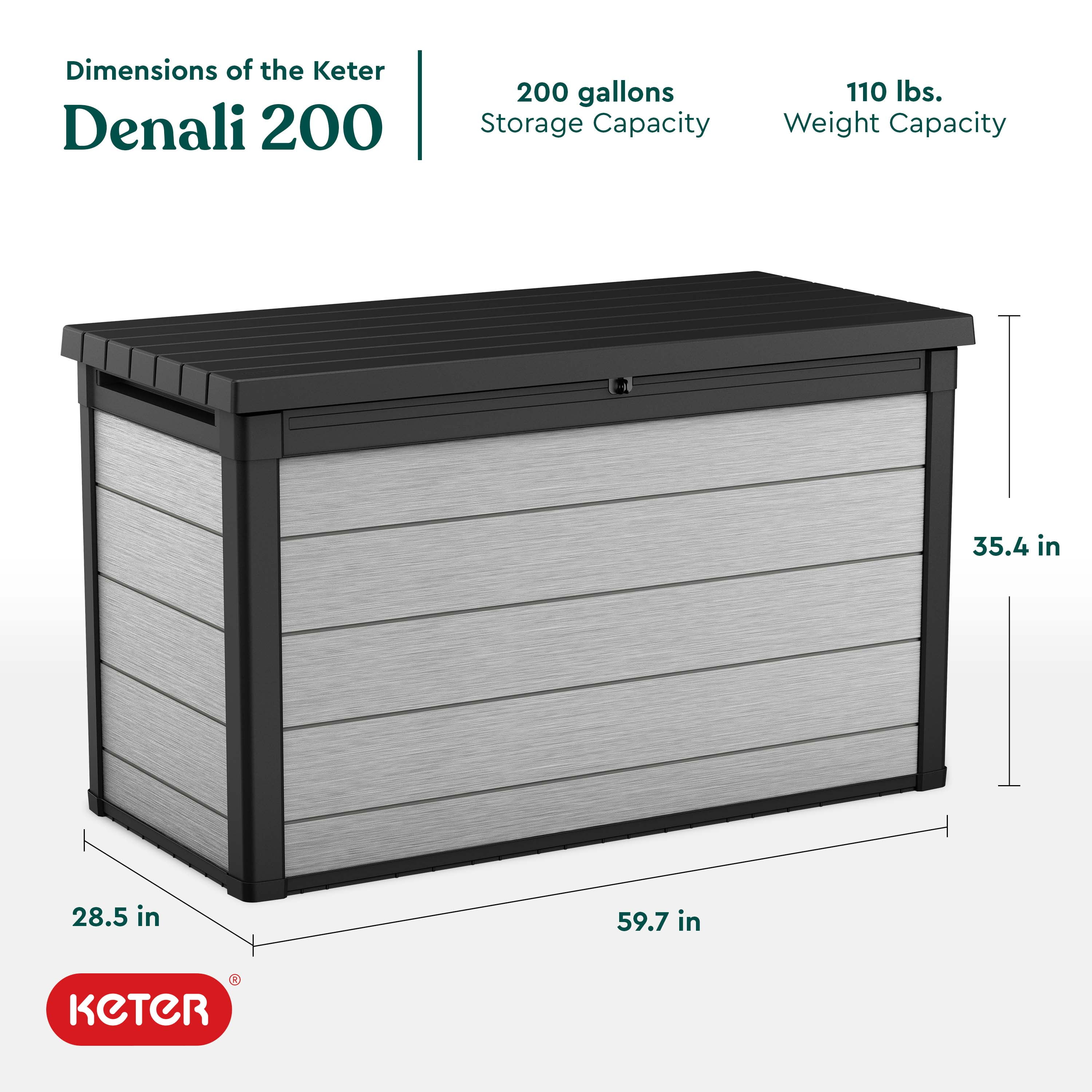 Keter Denali Grey 200 Gallon Durable Resin Outdoor Storage Deck Box Ideal Store Garden Tools and Pool Toys, Grey - Image 2