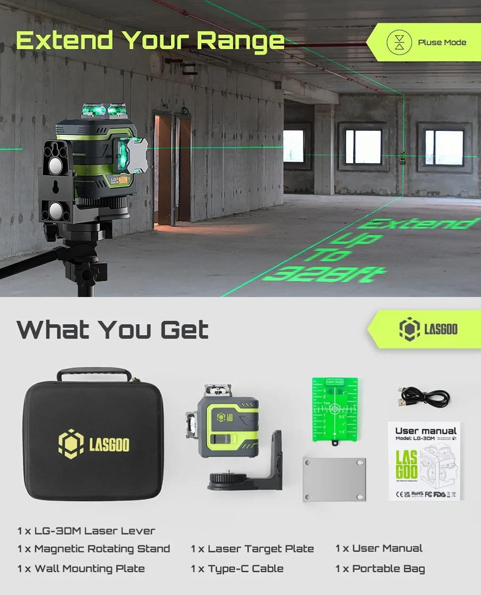 Laser Level 3x360- LASGOO with Remote Control, 2 Rechargeable Batteries, 100FT Range, 360- Magnetic Rotating Stand, IP54, 3Ds