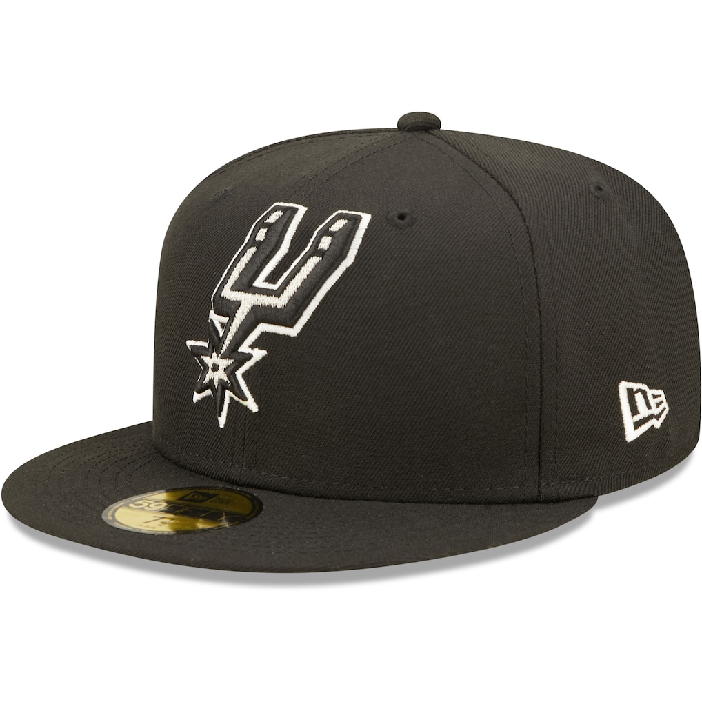 Left side angle of the black San Antonio Spurs 59FIFTY hat highlighting the classic white embroidered New Era flag
