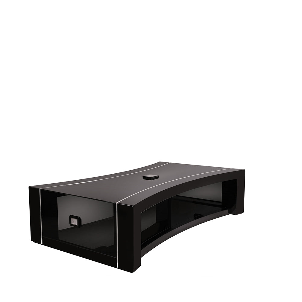 TABLE BASSE RAISINS INCURVÉE - CRISTAL INCOLORE, LAQUÉ NOIR, PLATEAU EN VERRE NOIR