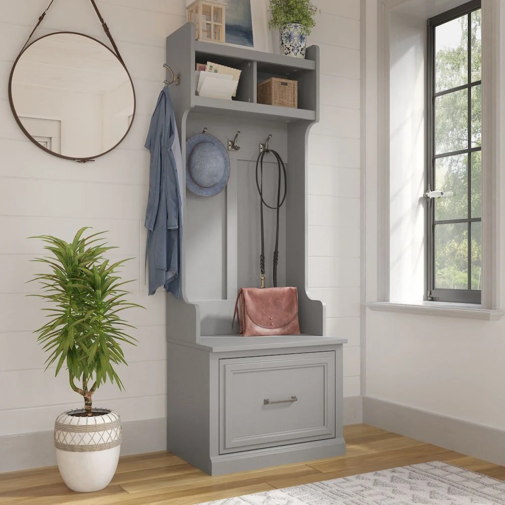 Woodland 24W Hall Tree & Shoe Bench w/ Drawer in White Ash - Engineered Wood - Image 28