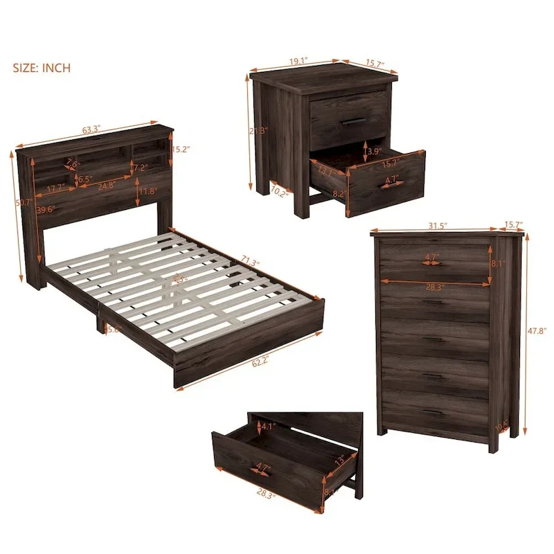 Vintage Queen Size Bedroom Set: 4-Piece Wooden Bed Frame with 2 Nightstands and 1 Dresser
