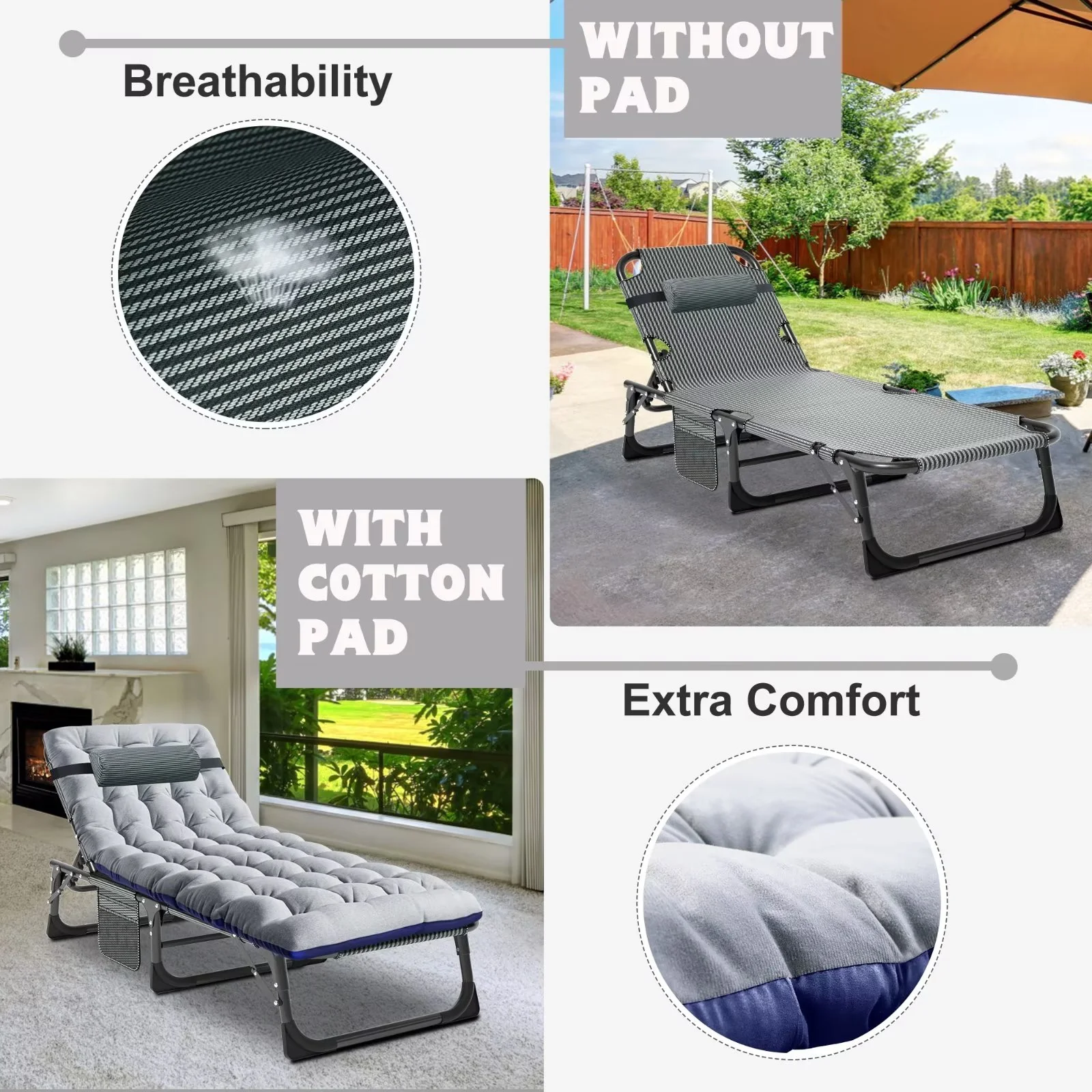 MOPHOTO Lounge Chair with Mattress, Outdoor Chaise Lounge Support 440 Lbs, Adjustable Portable Heavy Duty Sleeping Cots Bed for Camping, Pool, Beach, Patio - Image 52