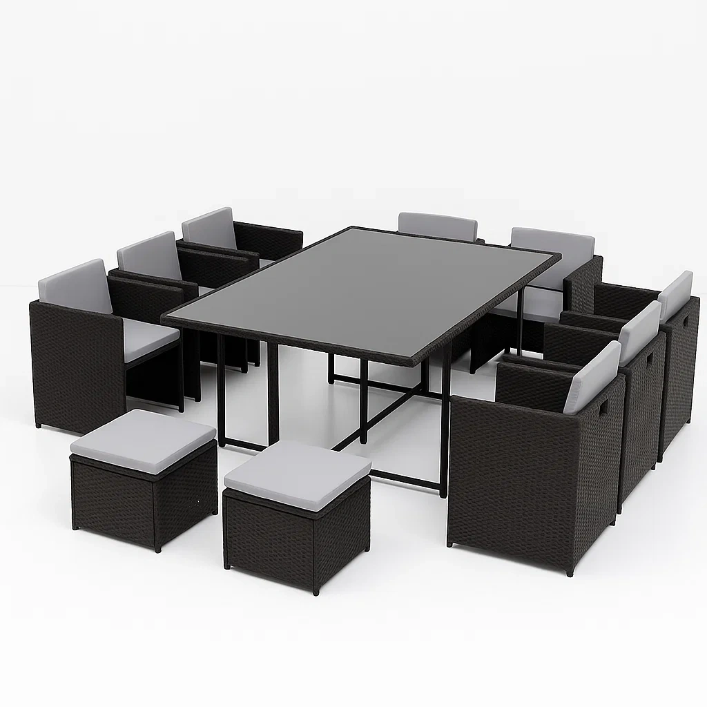 Conjunto de comedor de jardín para 10 personas, ratán sintético negro, cojines grises, mesa rectangular de vidrio templado - hSXyxtf214AD