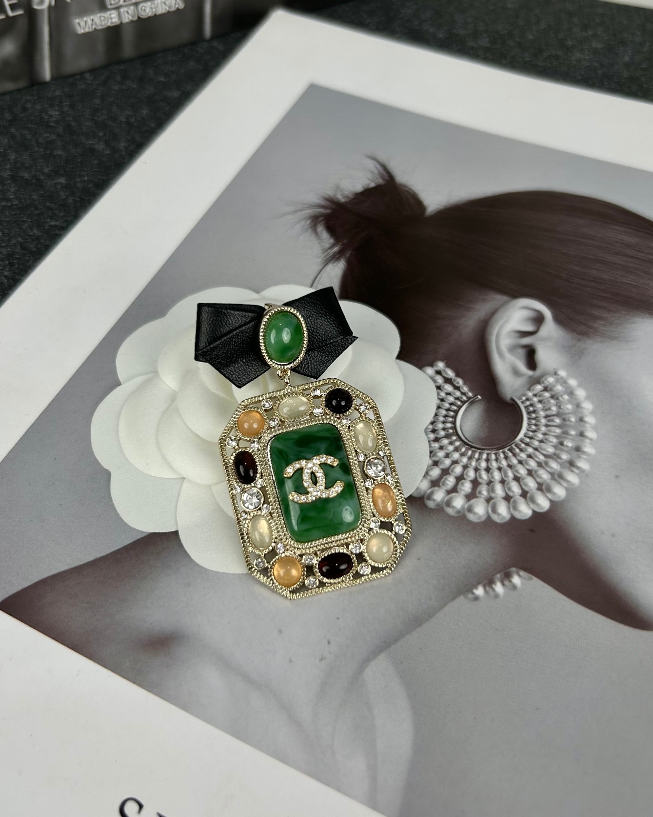 Chanel Leather Bow Multigem Emerald Brooch - Original Replica Club