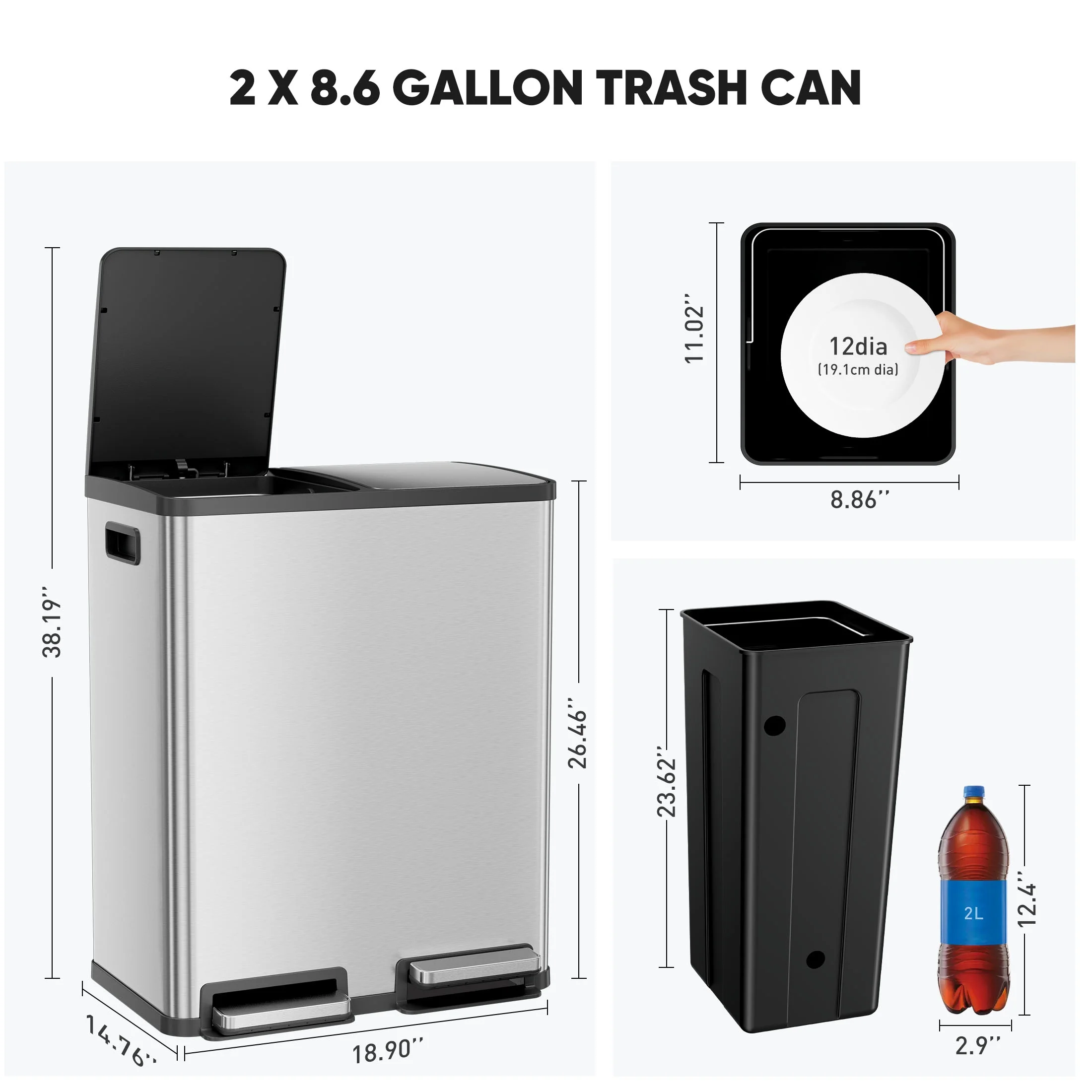 EDX 2 x 8.3 Gallon Dual Garbage Recycle Trash Can with Lid, Inner Buckets for Kitchen, Stainless Steel, Sliver - Image 6
